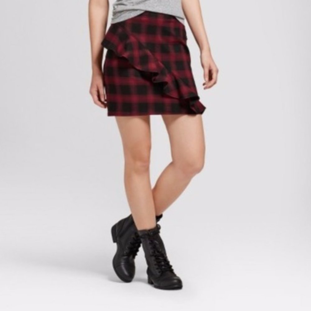 NWT Mossimo Supply Co. Burgundy / Black Plaid Ruffle Design Skirt Size 8 !!